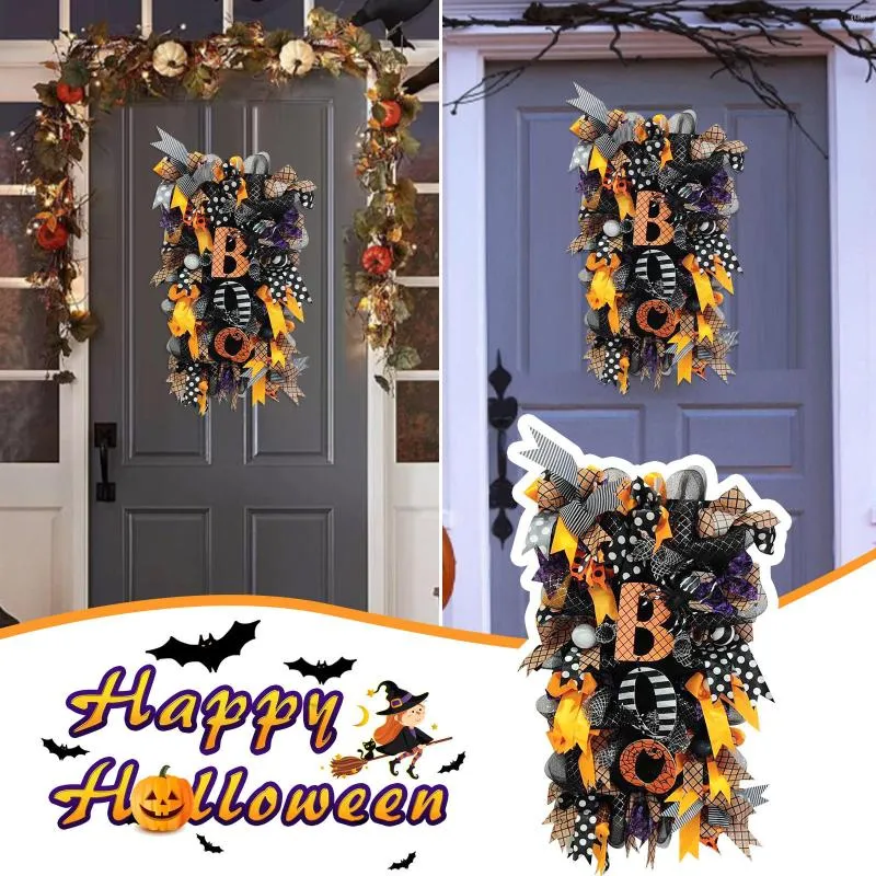 Decoratieve bloemen Halloween Bloemring Deur Hangende Huisdecoratie Hanger Flocked Christmas Wrans Bow