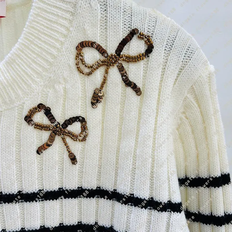 Women`s Sweaters Striped Handmade Bowtie Beaded Pullover Knitwear Heavy Duty Positioning Black And White Striped Casual Cashmere Sweater Women