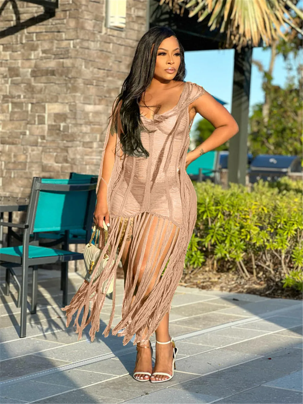 Beach Dress Sleeveless Swimsuit Cover Up Sexy Beach Tassels Dress