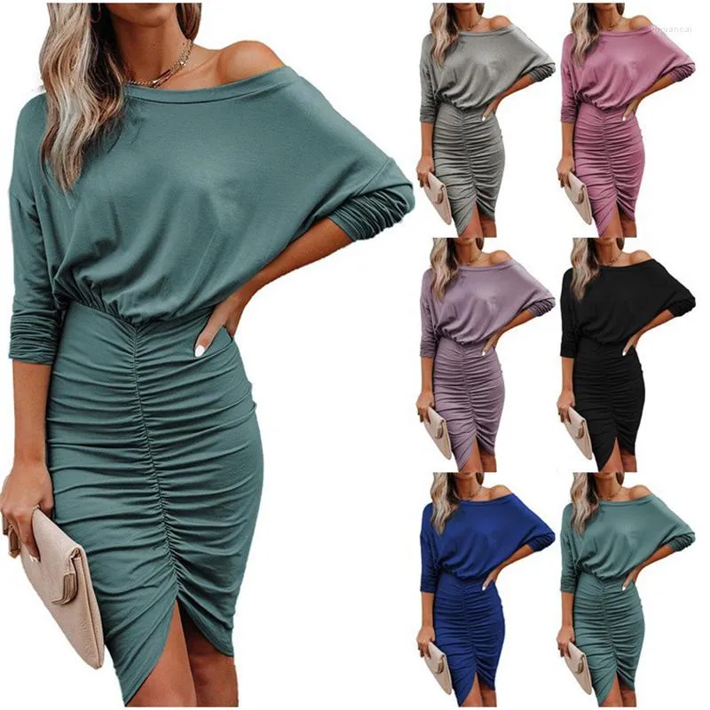 Casual jurken sexy feest wrap jurk bodycon slanke ruches slash nek lange mouw herfst veer plus size vestidos