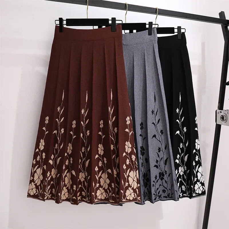 Skirts Black gray red floral knitted long pleated women's ski suit Spring/Summer/Autumn Vintage High Waist D0430 230412
