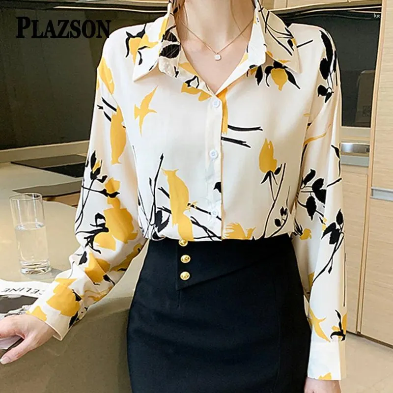 Women's Blouses PLAZSON Leisure Yellow Print Shirts Button Lapel Cardigan Top Autumn Long Sleeve Loose Blouse Office Ladies Chiffon Blusas