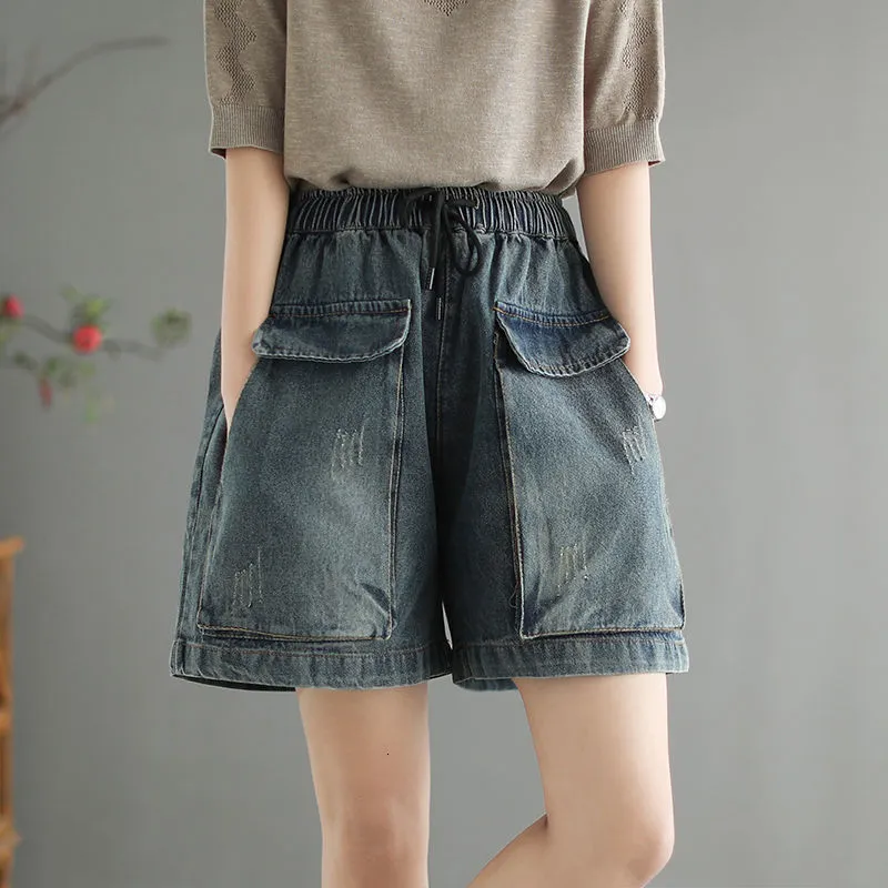 Dames shorts Dames denim shorts met grote zakken oversized vintage wide been shorts dames zomer casual elastische taille jeans shorts 230412