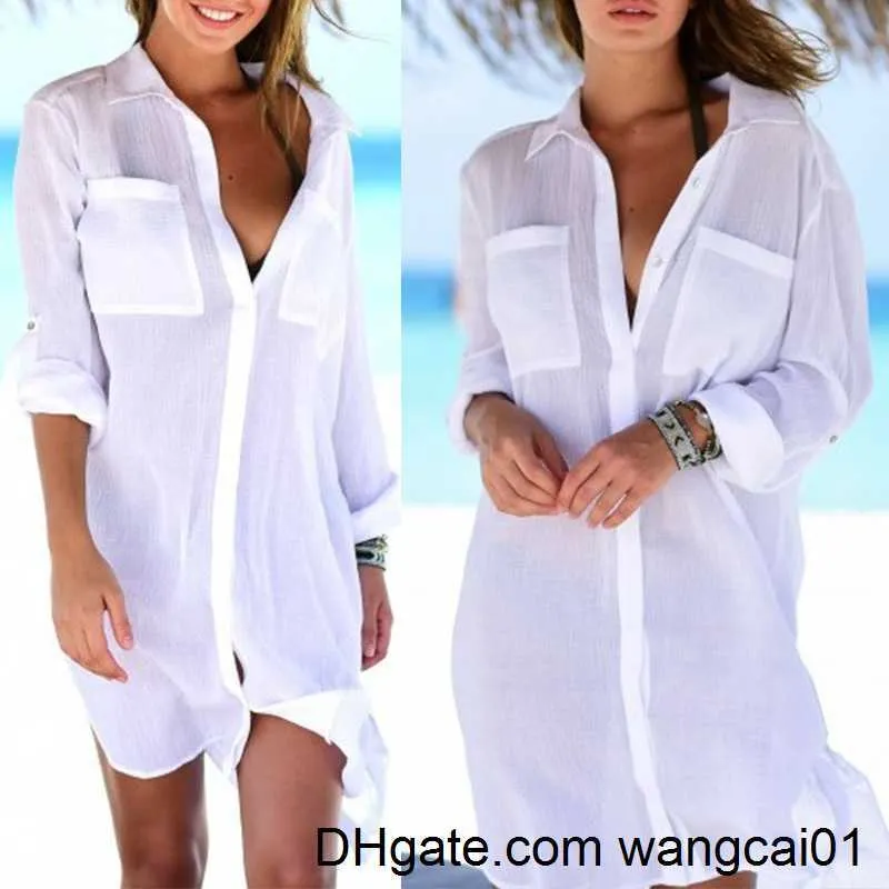 Women's Blouses Shirts Sexy Transparent Beach Cover Up Women Shirt Blouses White Long Seve Turn-down Collar Lady Tops Summer Casual Fa Shirts 412&3