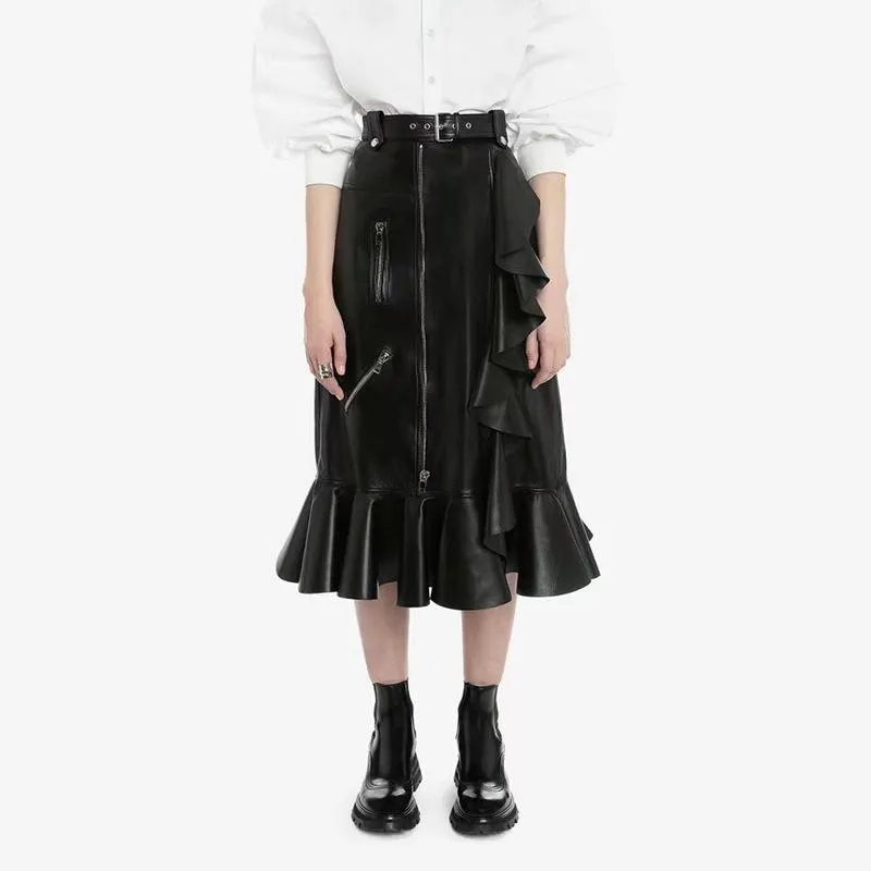 Skirts Summer Dresses Women Fashion Stylish Irregular Ruffles Leather Ladies Black Mid-Calf SkirtSkirts