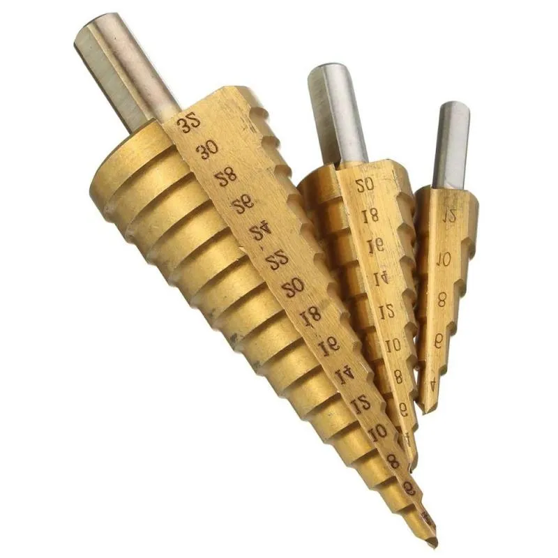 Freeshipping 3Pcs/lot HSS Steel Large Step Drill Bit Set 4-12/20/32mm Cone Titanium Coated Metal Drilling Cut Tool Hole Cutter Hoiao