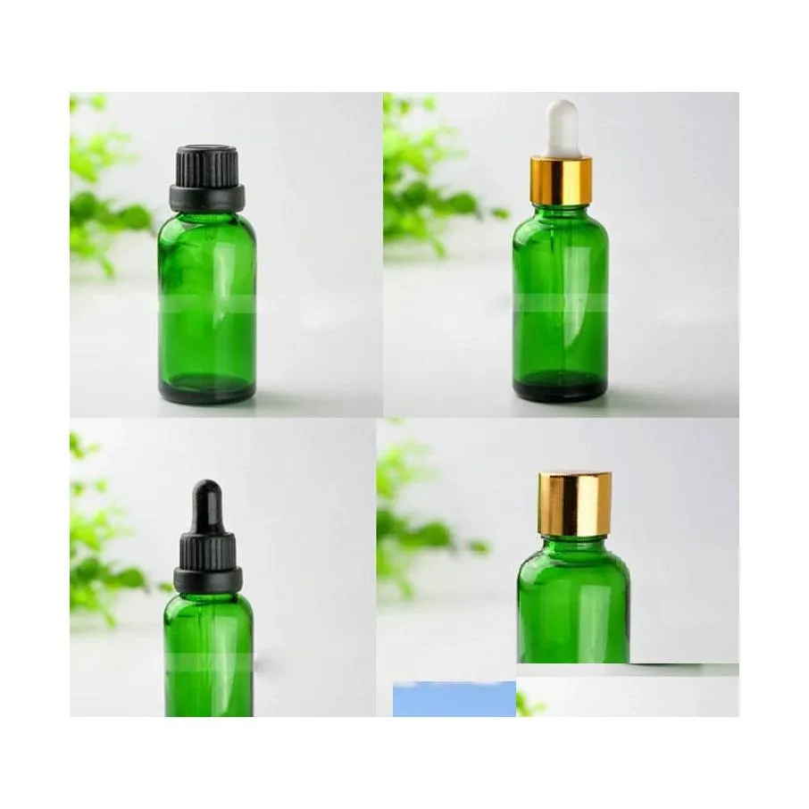 Garrafas de embalagem 440pcs 30ml Garraco de gotas de vidro verde 30 ml com tampas de ouro pretas 1oz de parto cosmético Escola Escola Busi DHA3r