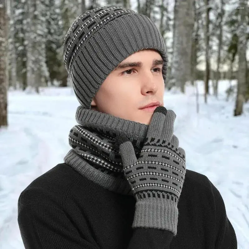 Berets 3Pcs/Set Women Men Knitting Beanie Gloves Scarf Set Contrast Color Fleece Lining Woolen Yarn Knitted Neck Gaiter Hat Mittens