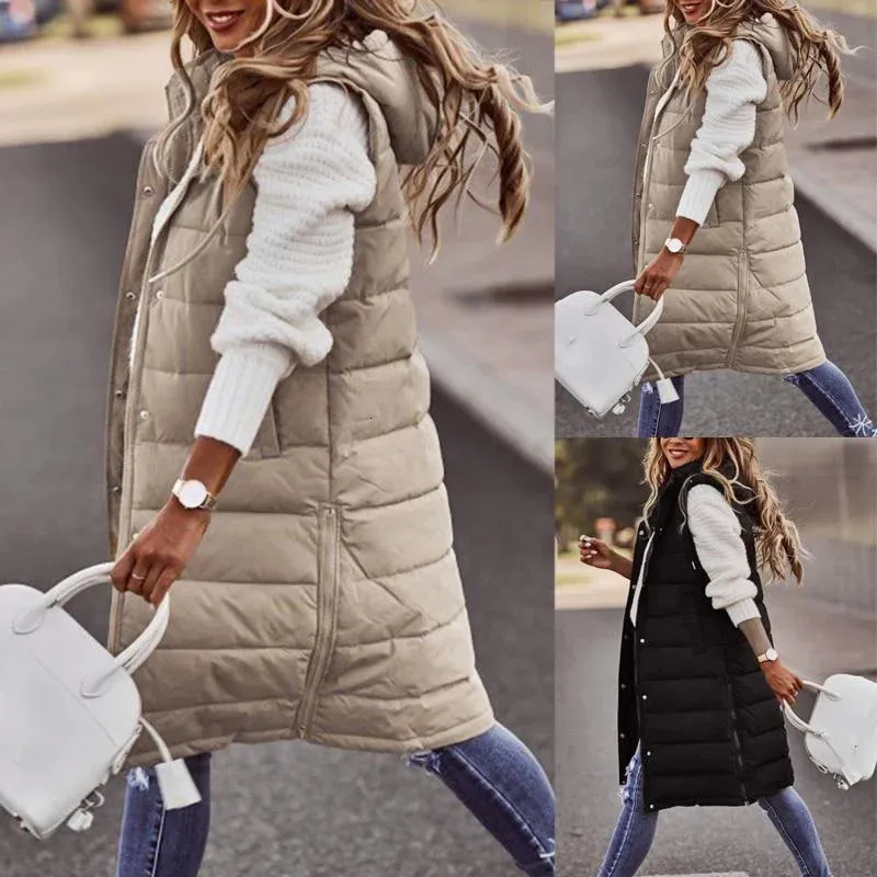 Piumino da donna Parka senza maniche Giacca invernale da donna Cappotti midi Gilet Mantieni caldo Elegante nero con cappuccio Street Hipster Lady Cappotto in cotone 231110