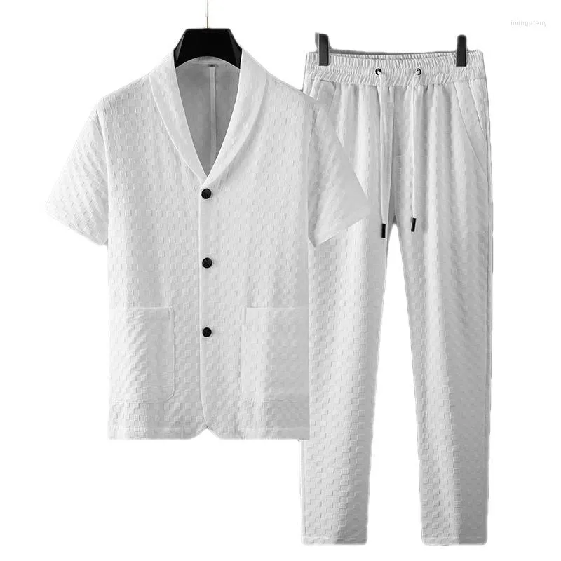 Men's Tracksuits 2pcs Conjunto de verão Homem de verão Casual Sports Moda Geometry Pattern Man Man Short Sleeve Blazer Shirt Top Pants Business Business High End