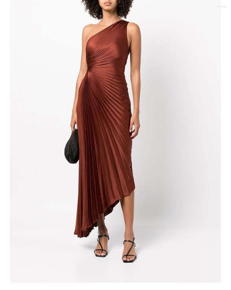 Casual Dresses With Label ALC Summer/Autumn Women Dress Polyester Asymmetry One-Shoulder Brown Hole Ankle-Length Vintage High Waist