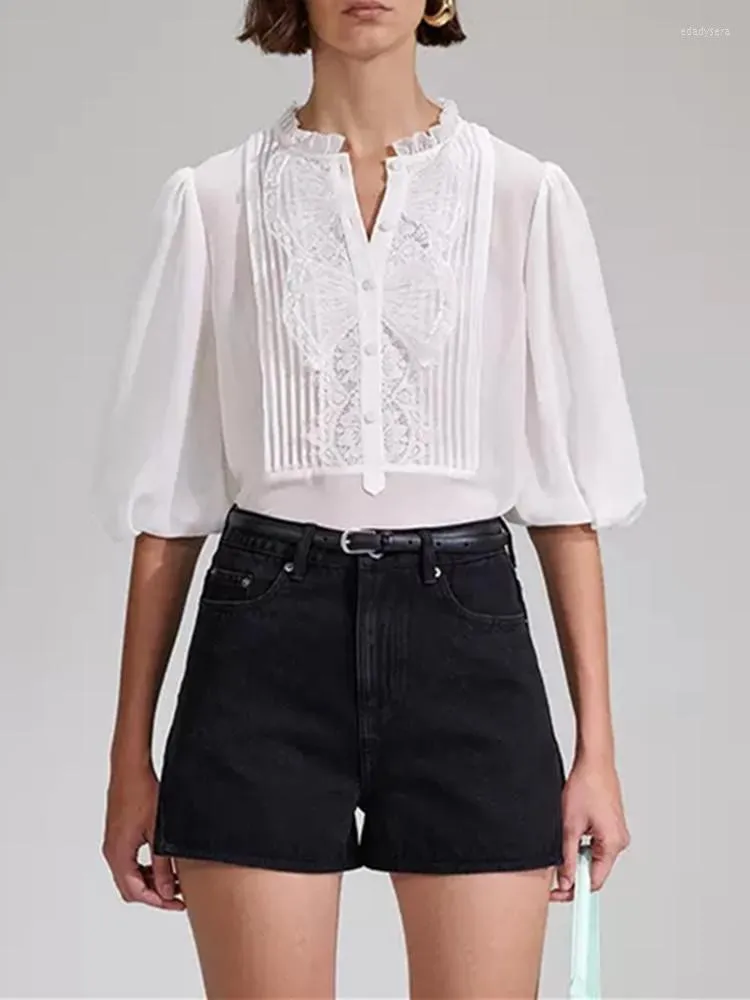 Women's Blouses Retro Micro Perspective White Blouse 2023 Spring/Summer Half Sleeve Versatile Lace Stitching Shirt And Tops