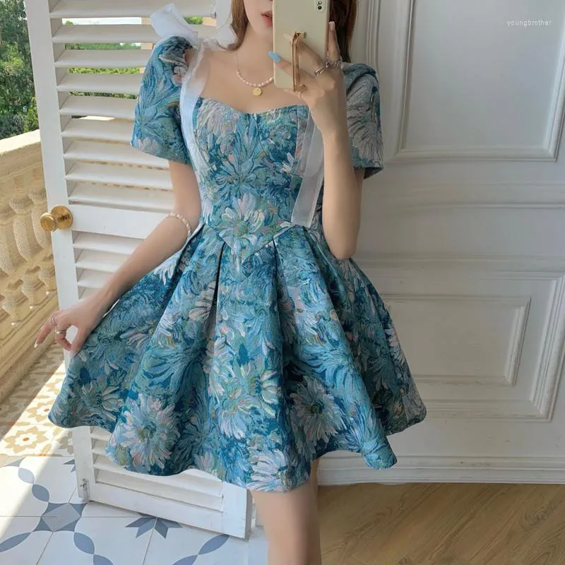 Casual Dresses Dress Summer 2023 Mesh Bow Short Sleeve French Court-Style Oil Målning Print Cinched Midja Puffy Vestidos de Mujer