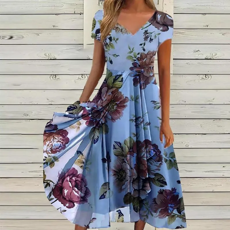 Casual Dresses Bohemian Summer Dress Womens sundress Fashion V Neck Midi Vestidos Female Ruffle Asymmetrical Robe