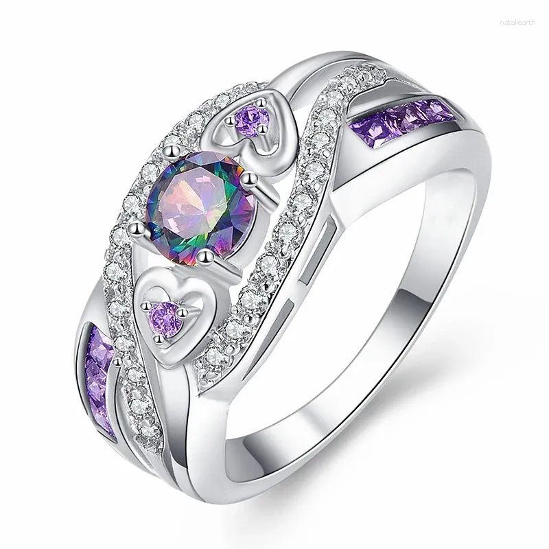 Кольца с боковыми камнями, поступление 2023 года, фиолетовые, белые, гипоаллергенные, 1 шт., серебряное, корейское, овальное, в форме сердца, многоцветное кольцо