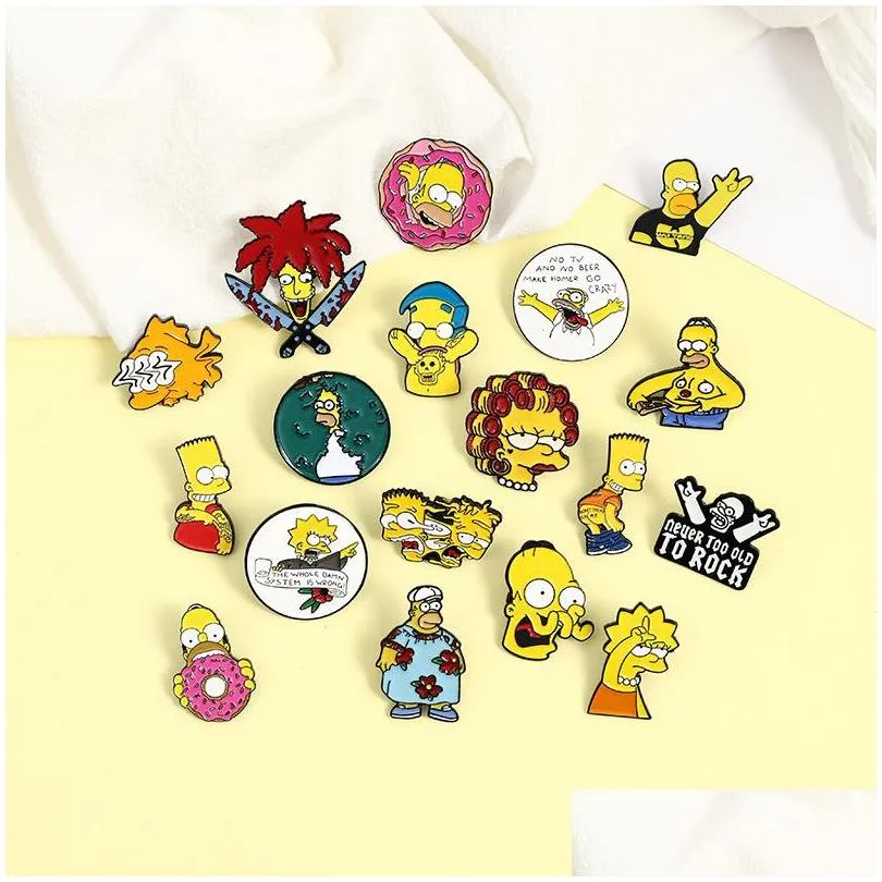 Accessoires de dessin animé drôle animé Sitcom Simpson broche pour femme mignon badge collier chemise émail broches broches hommes bijoux en métal Acc Dho4U