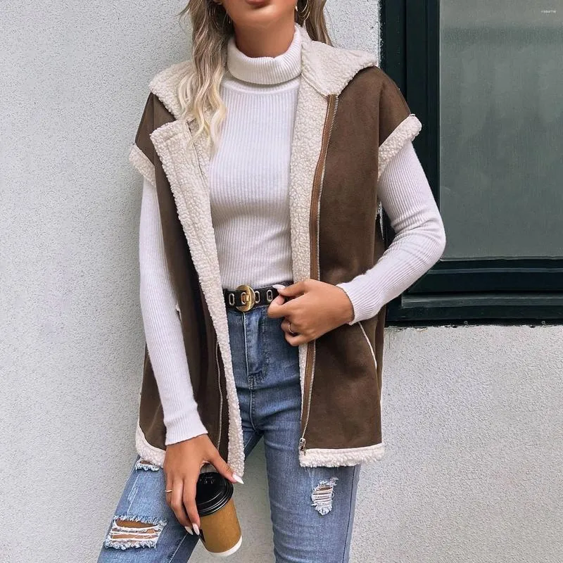 Gilet da donna Risvolto con cerniera Gilet Capispalla in lana d'agnello Patchwork Cappotto in pelle scamosciata Tinta unita Zip allentata Giacche Hip Hop da strada