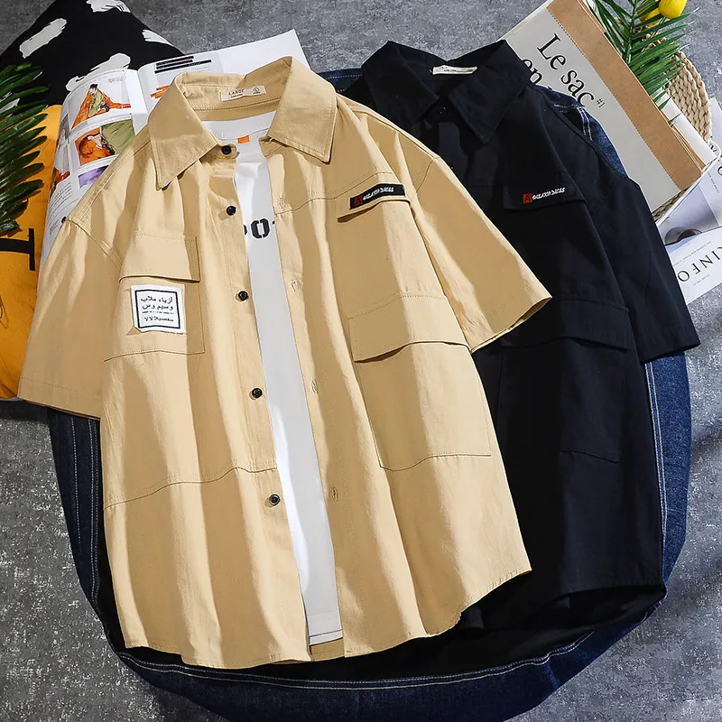 Chemises décontractées pour hommes, mode coréenne, solide, manches courtes, outil Dragon, Chemise d'été à boutons pour hommes, 230412