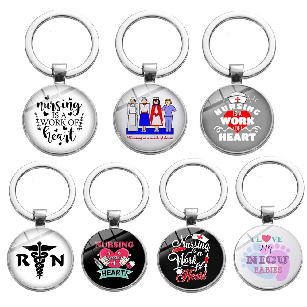 10 Pcs/Lot Fashion Key Rings Custom Glass Nursing is A Work of Heart RN NICU Hospital Keychain For Nurse Doctor Gift