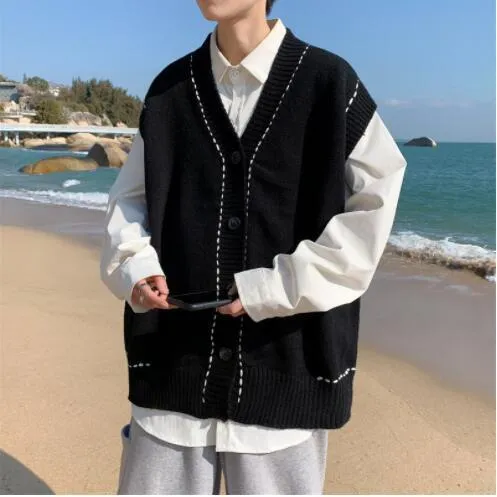 2022 all-match vest knitted cardigan vest sweater v-neck cardigan sweater men