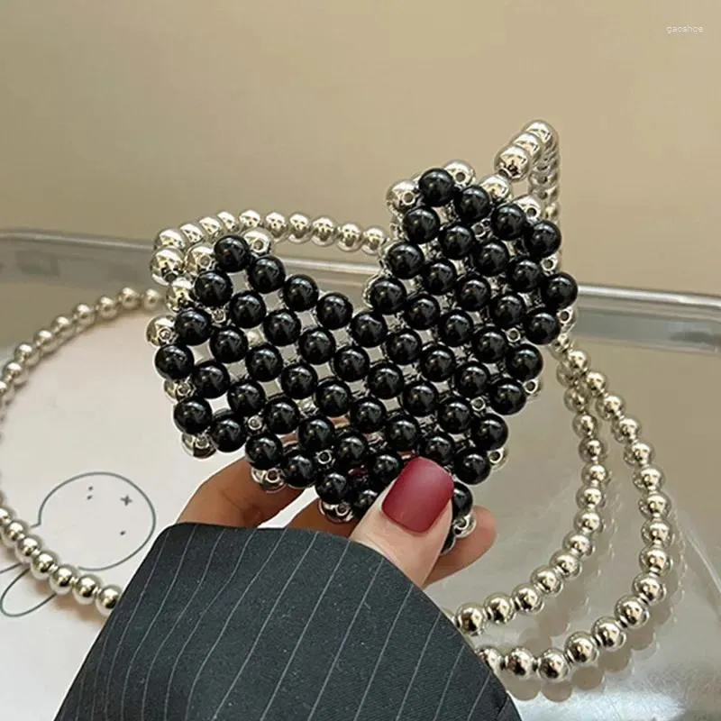 Evening Bags Handwoven Pearl Summer Silver Black Splice Beaded Chain Crossbody Bag For Woman Fashion INS Love Design Mini Lipstick Wallet