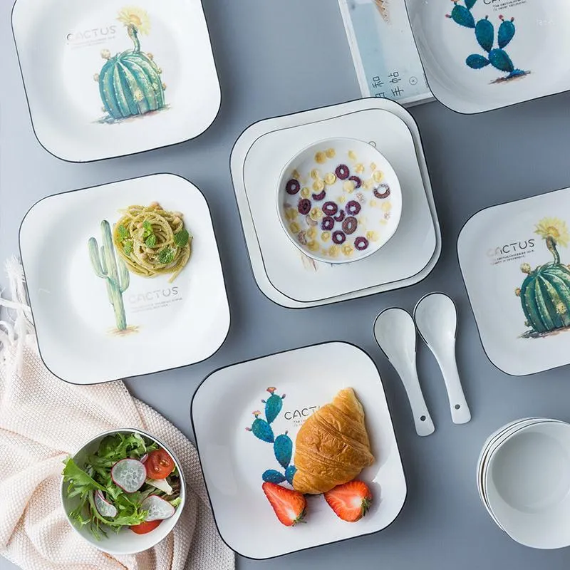 Assiettes dessin animé Cactus carré assiette à dîner Breif ménage en céramique porcelaine petit déjeuner Dessert gâteau plateau fruits Snack plats