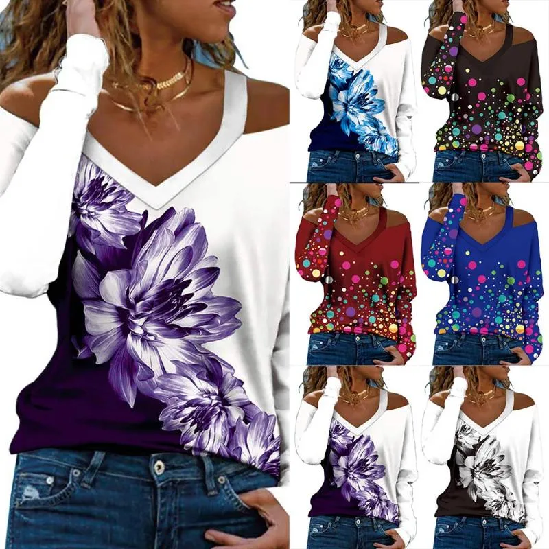 Camisetas femininas Hollow Out Ladies Tops de manga comprida Floral Impresso Autumn V pescoço Casual Mulheres camisetas camiseta camiseta Moda Blusa Topswomen's