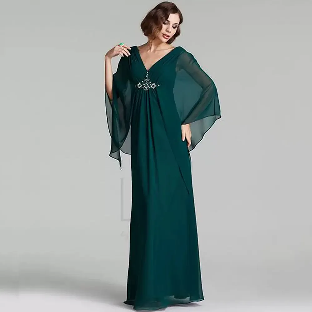 Mousseline De Soie Simple Mère De La Mariée Robes Etage Longueur Col En V A-ligne Plus La Taille Plage Robes De Soirée De Mariage Longue Vert Émeraude De Bal De Soirée Porter Pour Les Femmes Invité 2023