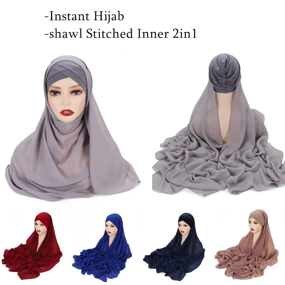 Hijabs Instant Hijab Chiffon Schal Genähte Innenhaube Convinient Headwrap Muslimische Frauen Islamischer Unterschal 175X70CM 230412