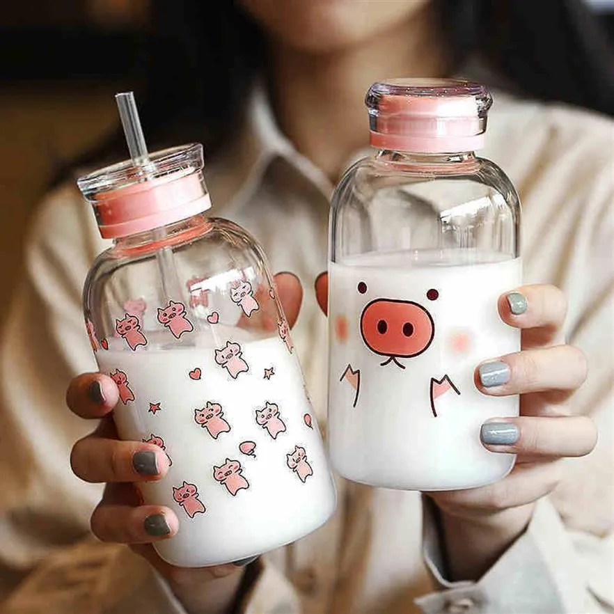 Ny 450 ml Kawaii Pig Glass Water Bottle With Straw Cartoon Fashion Söta dricksvattenflaskor för barn Girl Student Water Cup LJ2219L
