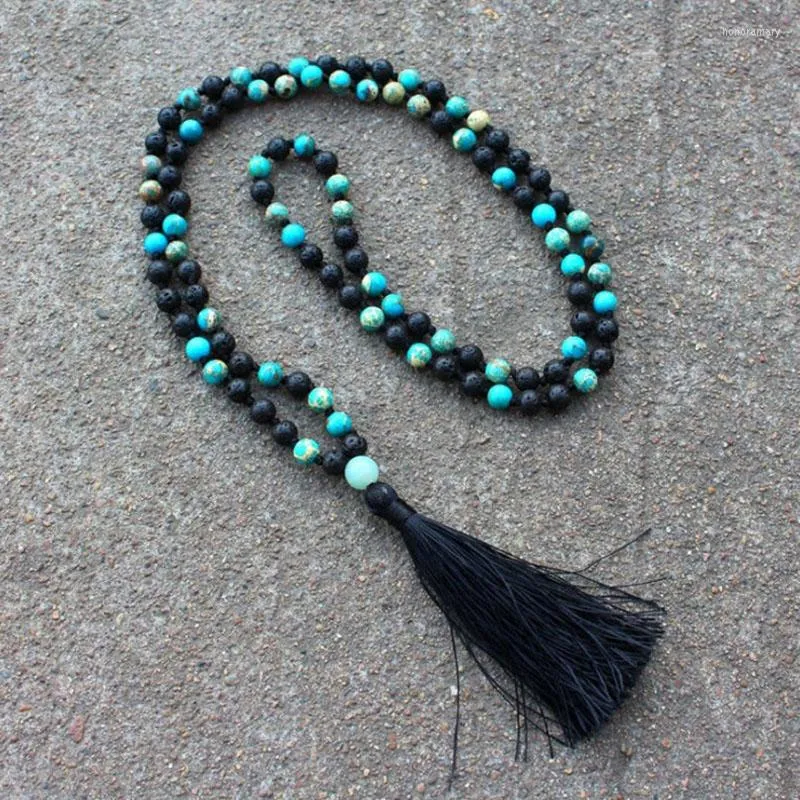Chains Black Lava & Blue J-asper Beaded Tassel Necklace 108 Mala Prayer Traditional Made Hand-kontted Spiritual Jewel