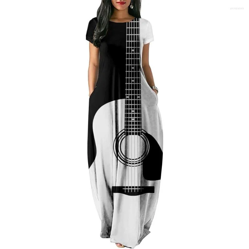 Casual Dresses Guitar Print Patchwork Women Kort ärmklänning Loose Long Double Pocket Beach Vacation Woman