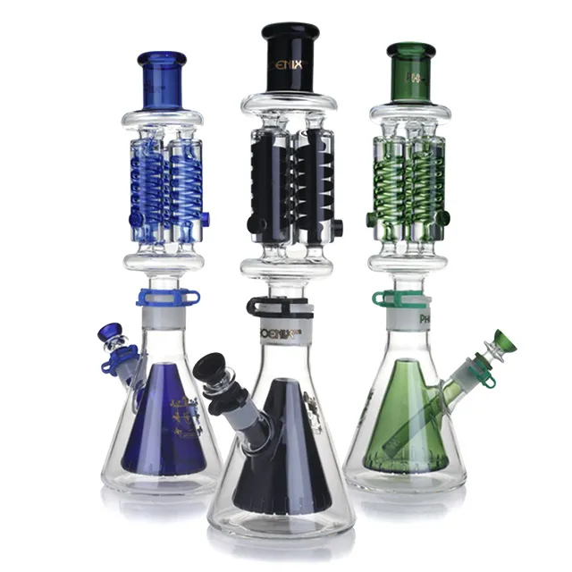 Freezable Glass Bong Hookahs Condenser Coil Water Pipes triple helix Percolator Build A Bong Oil Dab Rigs Unique Beaker bongs factory wholesale