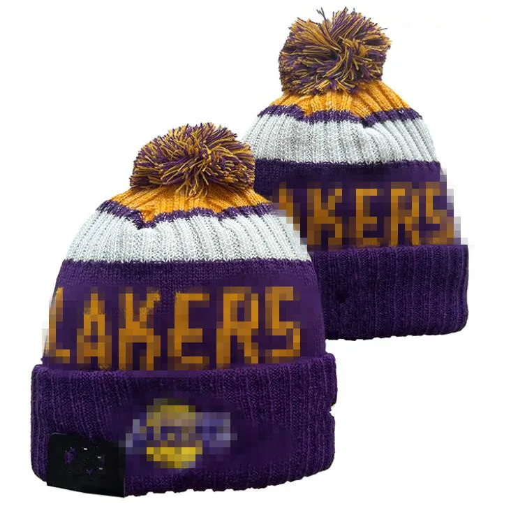 Lakers Bons Los Angeles Boneie Cap laine chaude sport tricot Basketball North American Team Striped Sideline USA College Cuffed Pom Chapeaux Men Women A10