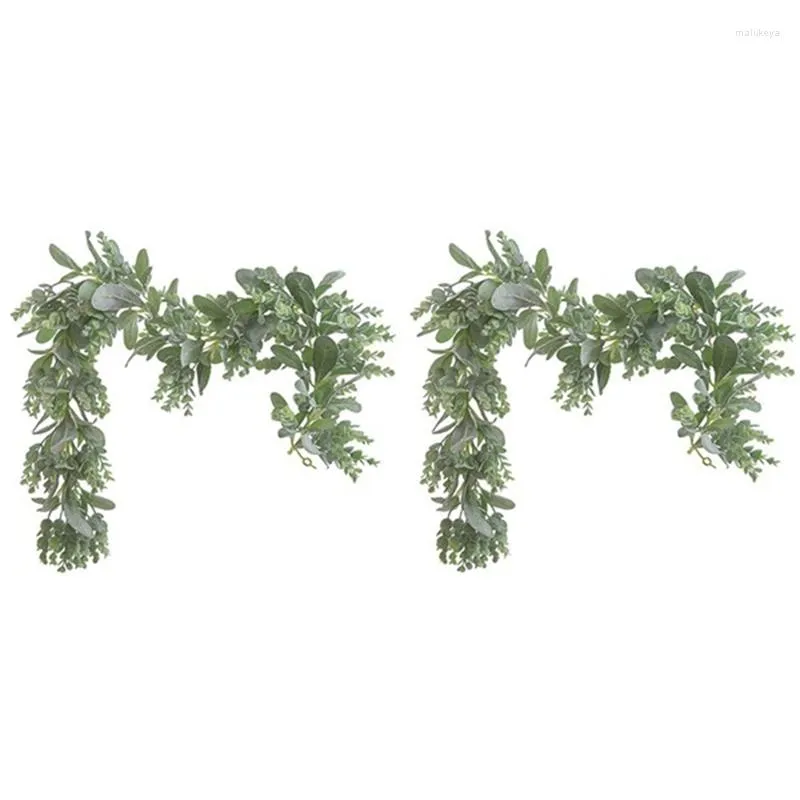 Decorative Flowers 2Piece Lambs Ear Garland Greenery And Eucalyptus Vine / 38 Inches Long Light Colored Flocked Leaves