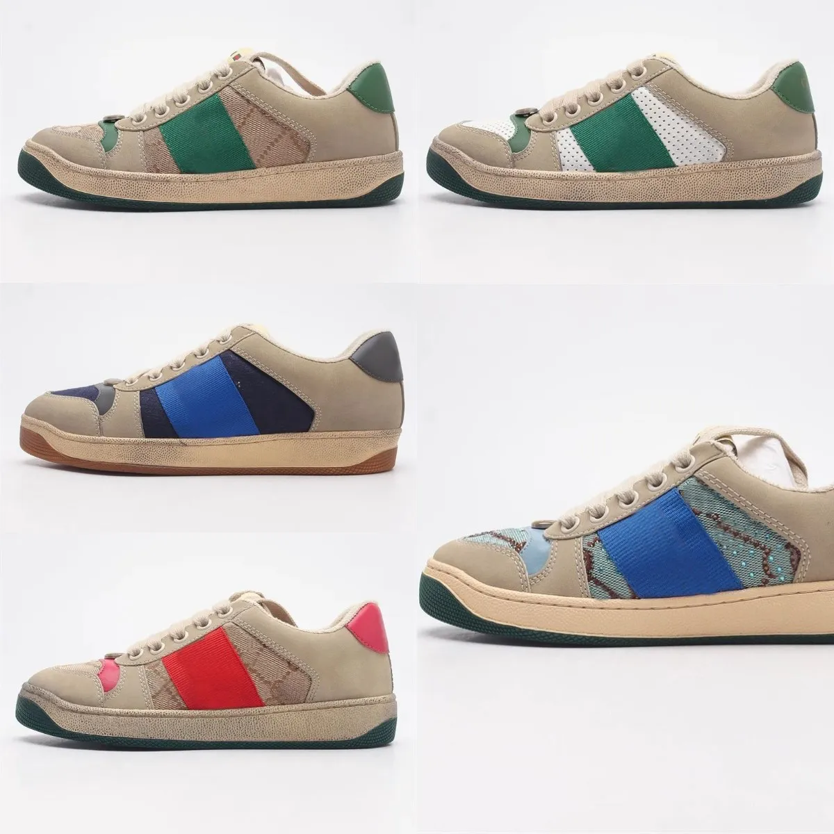 Designer Casual Chaussures Hommes Chaussures En détresse Femmes Baskets En Caoutchouc Classique Stripe Toile Baskets Épissage Maille Entraîneur Rétro Screener Ruban Chaussure