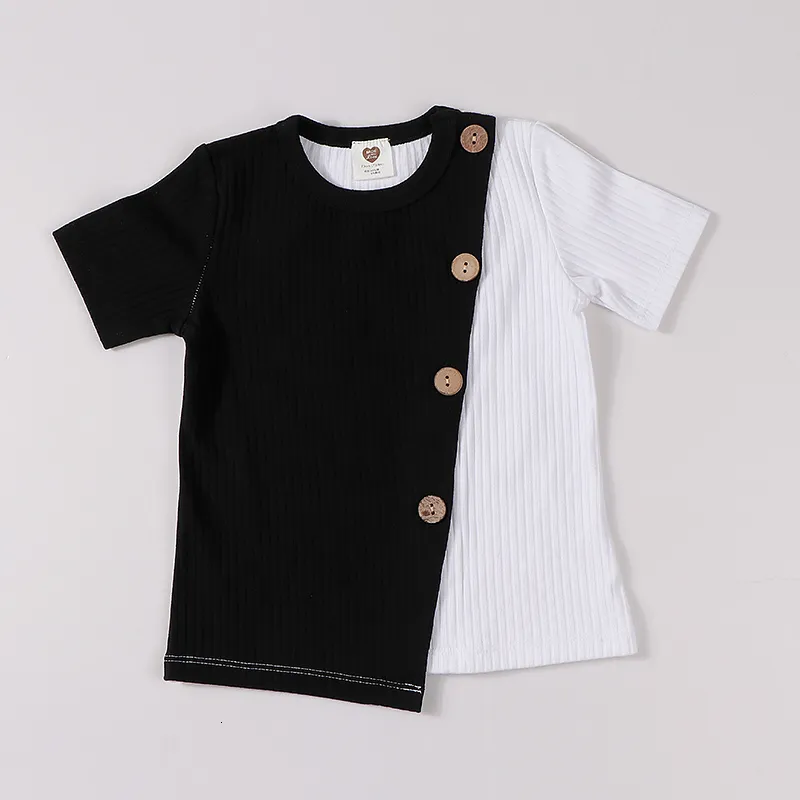 T-shirts Children's clothing t-shirts baby girls and boys' clothing round necks short sleeves fashion children's t-shirts contract colors with patches 230412