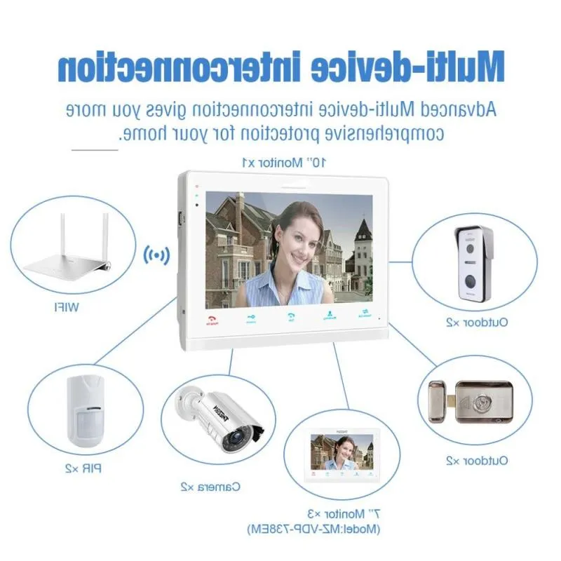 Livraison gratuite Système d'interphone vidéo intelligent IP sans fil / Wifi avec moniteur 10 pouces 3 x 7 pouces avec caméra de téléphone filaire 2x720P Atage