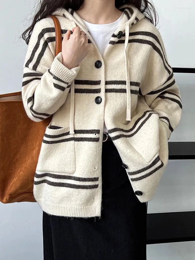 Cardigan en tricot rayé à capuche pour femme, pull, Style coréen rétro, veste colvert, vêtements hauts, automne/hiver