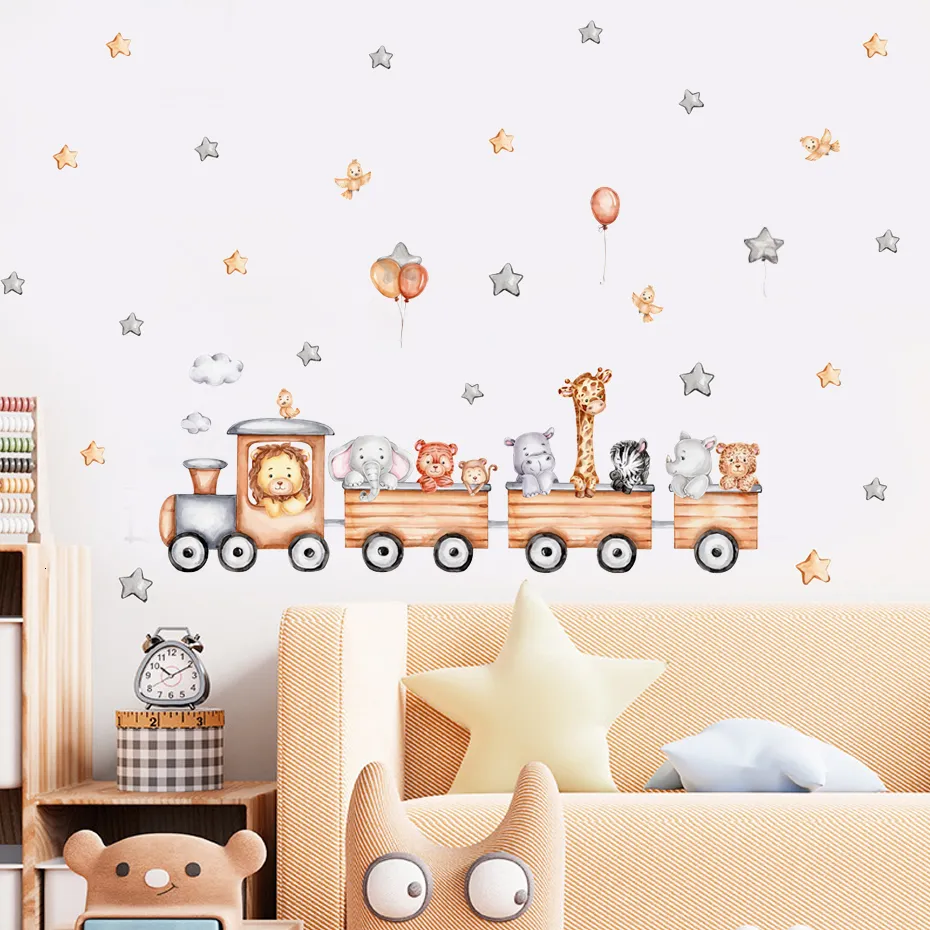 Wall Decor Cartoon Train With Jungle Animals Stickers Children Nursery Vinyl Decal Mural Kids Baby Room Interior Home 230411