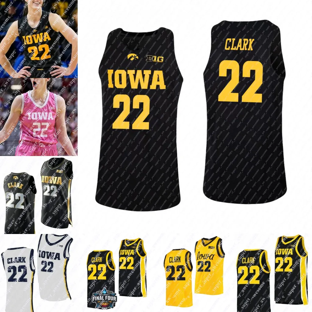 22 Caitlin Clark Jersey Iowa Hawkeyes Dam College Baskettröjor Svart Vit Gul