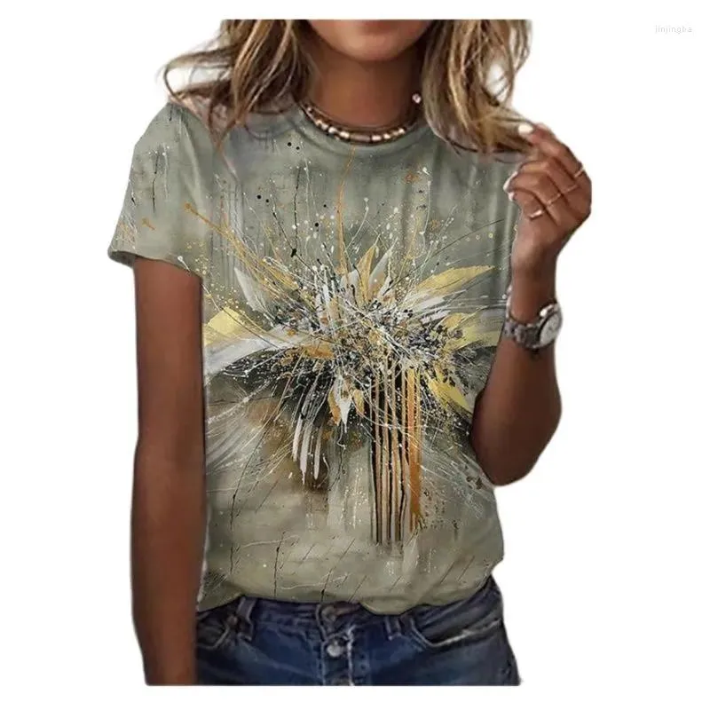 Women's T Shirts 2023 Summer Short Sleeve T-shirt 3D Floral Print Oil Painting Round Neck Casual Loose XL XXS-6XL