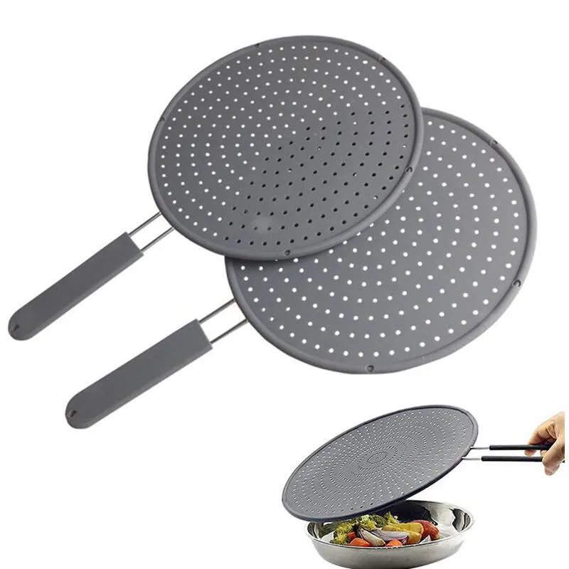 Silicone Kitchen Splatter Screen with Handle Heat-resisting Oil Splash Guard Drain Board Cover Kitchen Frying Pan Lid