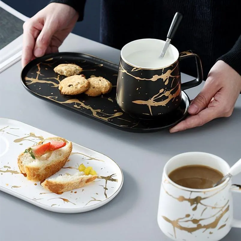 아침 접시가있는 muzity 세라믹 우유 도자기 Marbletea 머그잔 및 접시 한 사람 세트 Q12222227p