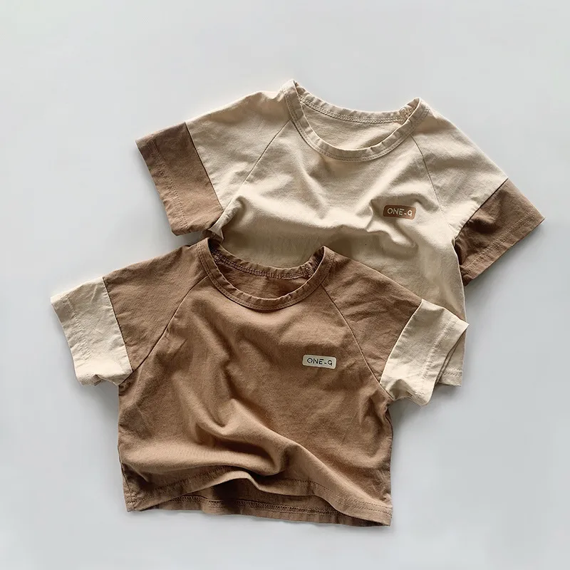 Tshirts 2023 Kid Summer Arrival Tshirt Baby Girl Patchwork Short Sleeves Tees Boy Simple Thin Allmatch Cotton Linen Tshirt 230412