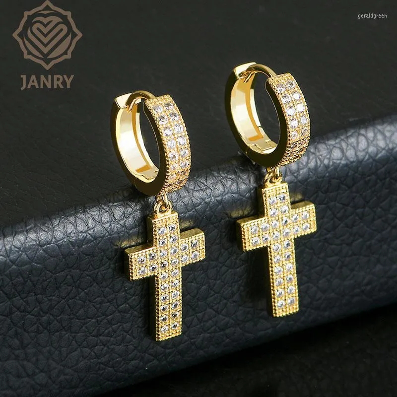 Stud -oorbellen Janry Iced Out Cubic Zirkon Cross Earring for Men Women Hip Hop Gold Silver Color Sieraden Geschenken Verkoop