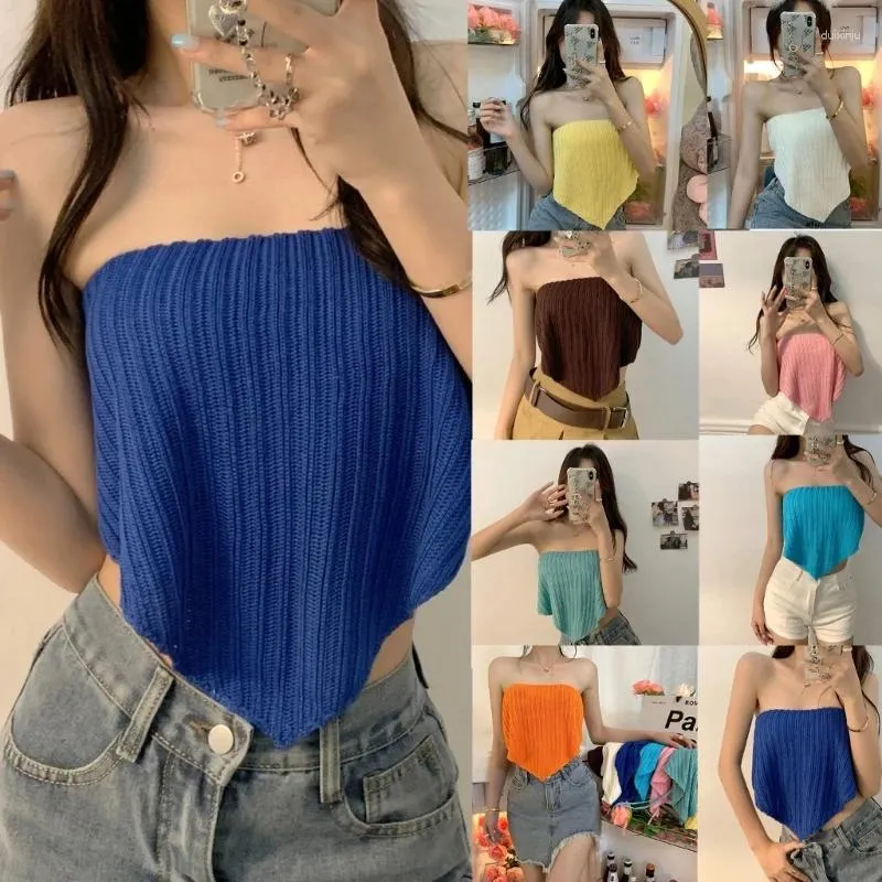 Camisoles Tanki Kobiety seksowne bez ramiączki Bandeau Tube Top Bilt Knit bez pleców Asymetryczna kamizelka na brzeg