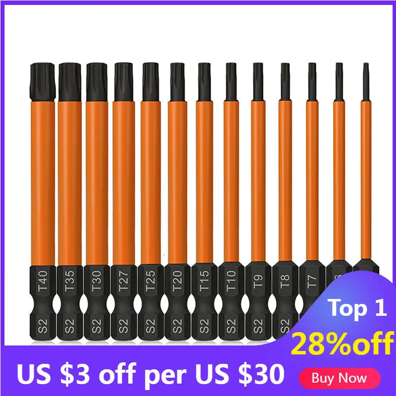 Skruvmejslar 13 st 75mm Torx Bit Set Security Star S 1/4 tum Hex Shank Tamper Resistant skruvmejsel med magnetisk spets 230412