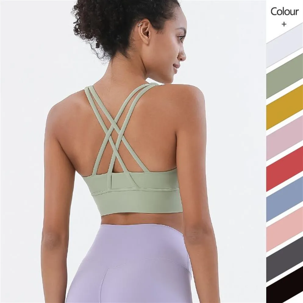 Cross Back Yoga Sports Bra lu-22 Solid Color Tanks Camis Gym Fitness Clothes Women Underwears Shockproof Gather Padded Tops Vest299m