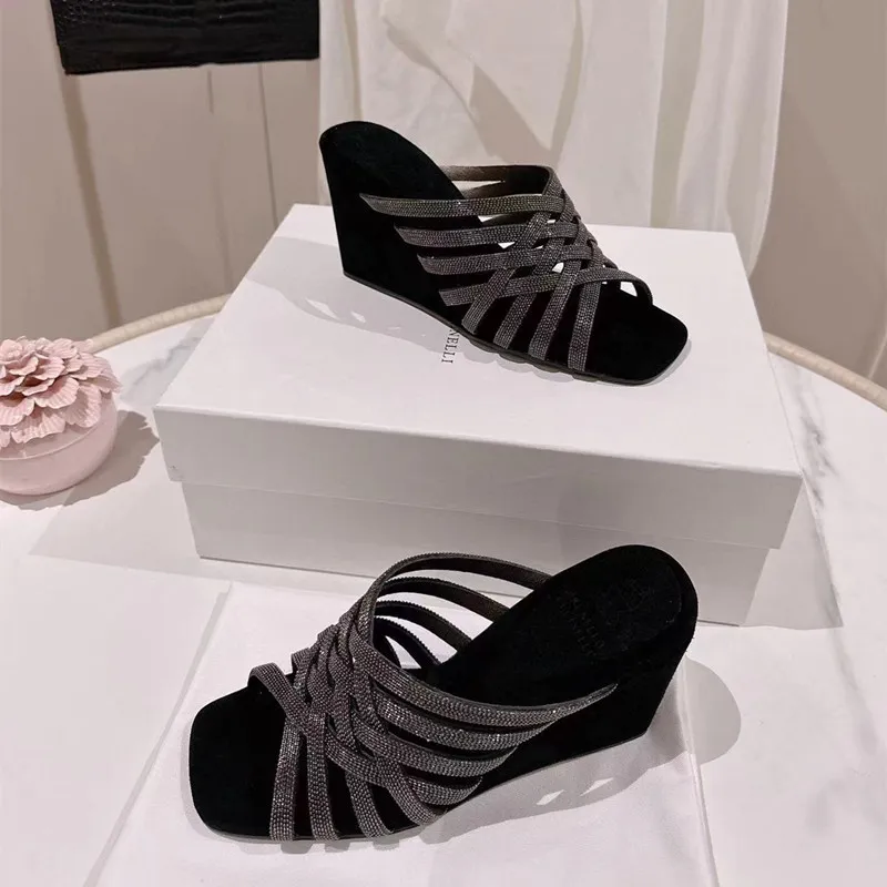  Wedge Heels Sandals Ladies Fashion Crystal Diamonds Fashion Slides Genuine Leather Summer Slippers Ladies Slip On Dress Mules Shoes Straw Wave